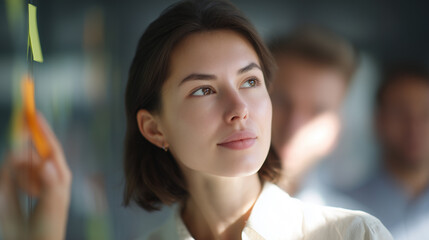 A thoughtful young businesswoman looks up, brainstorming ideas on a glass board with sticky notes, while colleagues are blurred in the background.