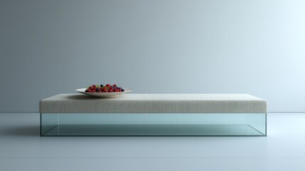 Minimalist lounge with pale linen bench smoked-glass console table a plate of mixed berries overcast diffuse light for