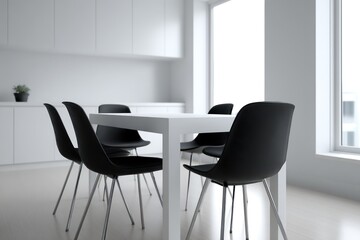 Minimalist monochrome dining room with matte white table and matte black chairs white and black palette neutral flat