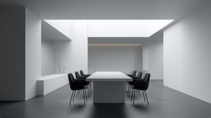 Minimalist monochrome dining room with matte white table and matte black chairs stark white and deep black palette
