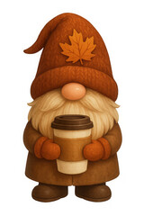 Autumn Gnome with Coffee Cup  Warm Brown and Orange Tones,clipart, cut out, no background,PNG die-cut for advertising