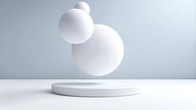 Floating Spheres: A minimalist composition features three white spheres seemingly levitating above a sleek, circular pedestal against a muted backdrop, evoking a sense of balance, elegance.