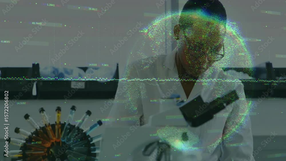 Aufkleber laboratory scientist initiating analysis by adjusting microscope and pipetting with data globe