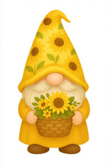 Cheerful Yellow Gnome with Sunflowers in Basket,clipart, cut out, no background,PNG die-cut for advertising