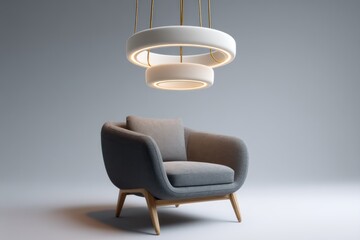 Minimalistic chandelier of white ceramic rings and polished-brass frames above a gray wool armchair dawn skylight for subtle