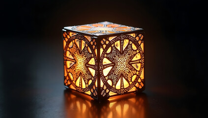 an ornate, intricate, wooden lantern, illuminated from within, cast patterns of light and shadow across the surface, glowing with a warm, amber hue, ornate filigree and geometric designs, 4K and HD 