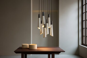 Minimalistic chandelier with powder-white rods and blackened-steel cones hanging above a dark walnut side table evening ambient mixing