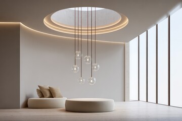 Minimalistic chandelier with copper-finish cables and clear acrylic discs above a cream wool pouf morning skylight for volumetric