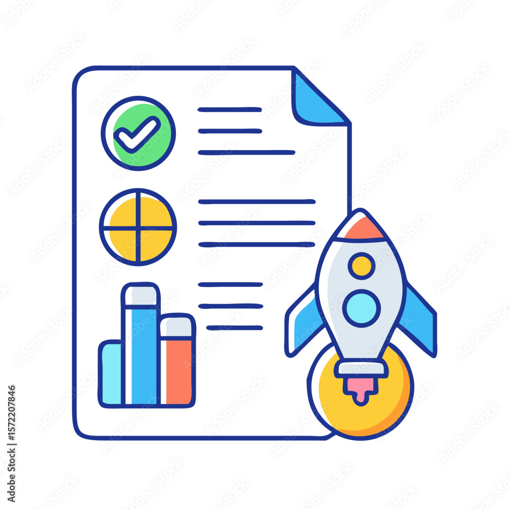 Poster startup launch report with rocket taking off icon