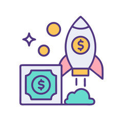 Cartoon rocket launching beside money symbol against White Background