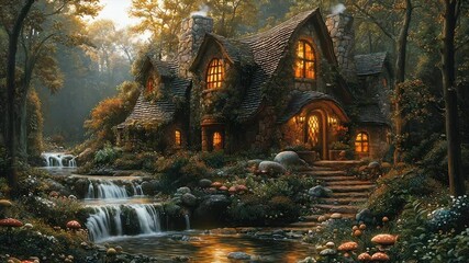 Enchanting stone cottage nestled in a lush forest, illuminated by warm interior lights, beside a cascading waterfall - Powered by Adobe