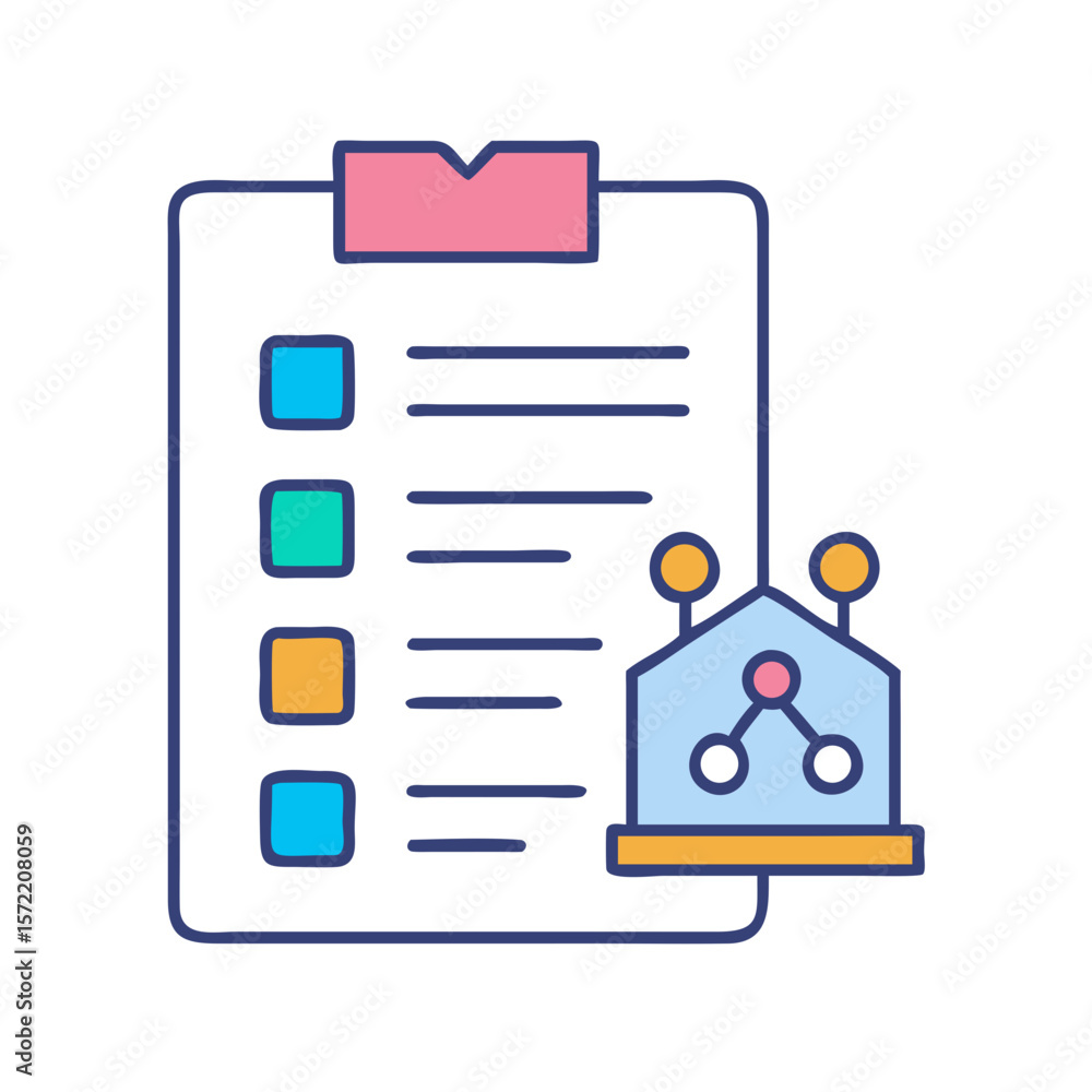 Poster checklist with network structure illustration on white background