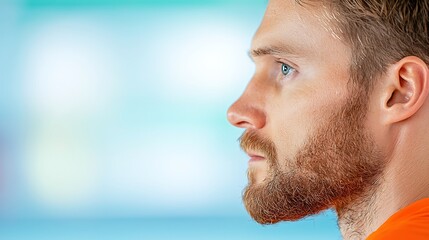Man's Face Profile, Blue Eyes, Beard, Orange Shirt