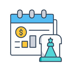 Calendar with financial data and chess piece icon graphic