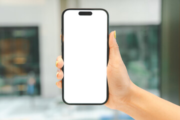 White Screen Smartphone Mockup in Woman Hand. Ideal for mockups, app demonstrations, or showing digital content. Woman Shopping. Woman Content.