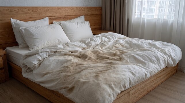 A recently occupied bedroom displays an unmade bed with rumpled, dirty sheets. Sunlight filters through sheer curtains, highlighting the wooden bedframe and messy bedding.