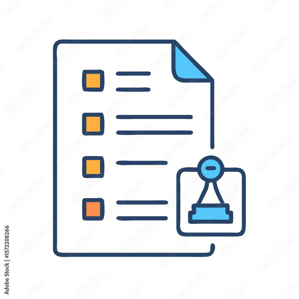 Poster checklist with stamp icon showing approval and verification process