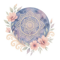Pastel Watercolor Mandala with Flowers and Moon on Transparent Background,clipart, cut out, no background,PNG die-cut for advertising