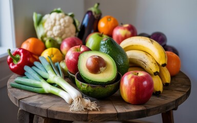 Bountiful still life arrangement of fresh produce including avocado, apples, and eggplants on a wooden table