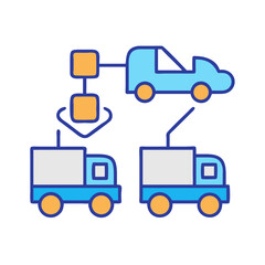 Supply chain management infographic with trucks and block diagram
