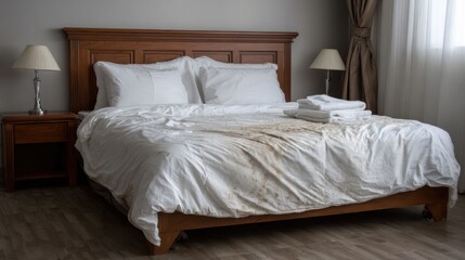 A bed shows signs of wear with crumpled, stained linens in a hotel room. The wooden furniture and soft light create an uninviting atmosphere typical of an untidy space.