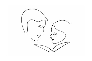 Man and woman faces looking at open book profile