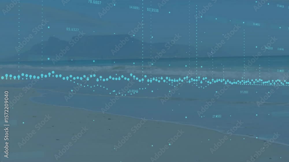 Aufkleber turquoise dots materializing above waterline evolving into waveform with grid showing live data