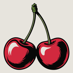 Illustration of two red cherries with green stems attached