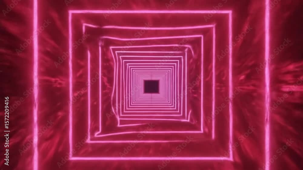 Poster a square tunnel with neon pink and blue lights against a dark red textured background creating depth