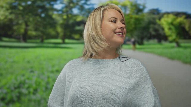 Smiling woman wearing light gray sweater points her thumbs to the side in a lush green park at midday sunlight; confidence direction guidance.
