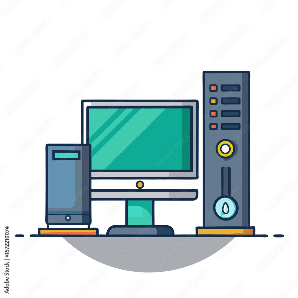 Poster computer vector illustration desktop pc monitor and cpu