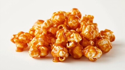 Caramel popcorn pile on white background, freshly popped kernels coated Close-up of a golden