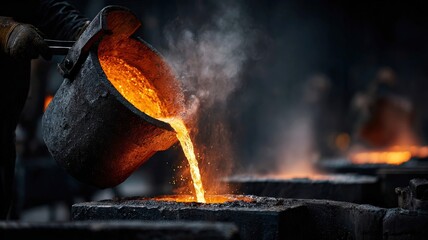 Industrial photography style, focusing on the raw power of a foundry bucket pouring glowing hot liquid into a mold, with high contrast lighting