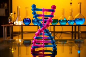 DNA Model in Lab: Double Helix Structure with Colorful Beakers & Reflections - Science, Genetics, Biology Stock Photo
