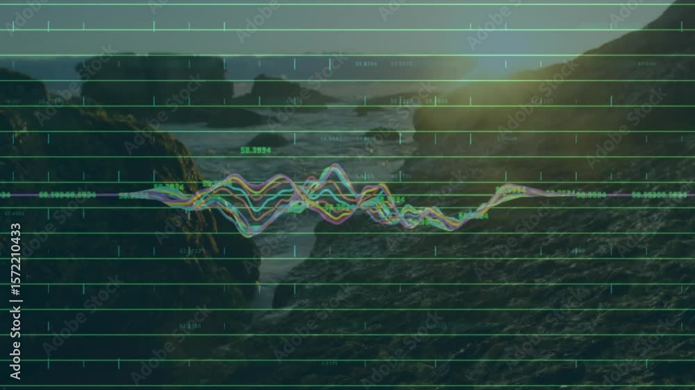 Poster sunlight hitting rocky coast starting green grid fading in, rainbow waveform pulsing showing data