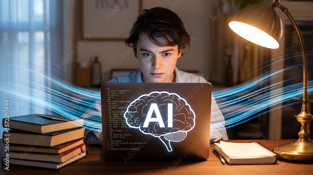 Poster young person focused on laptop screen displaying ai brain and code with glowing data streams