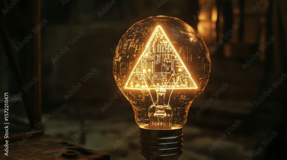 Poster glowing lightbulb with triangle circuit design inside, dark background.
