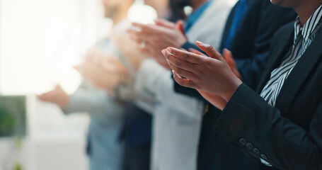 Obraz premium Business, hands or people with clapping in seminar for company achievement, celebration or success. Corporate, workshop and audience with applause in office for support, group training and good news