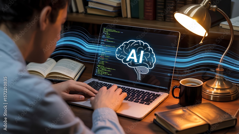 Fototapete person coding on a laptop with ai brain graphic and data streams