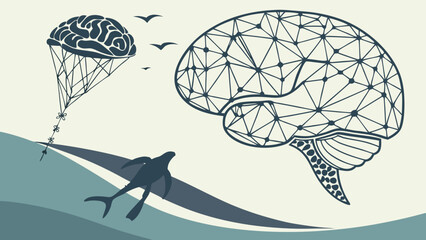 Illustration of a brain parachute, geometric brain, birds and a diver over waves on background