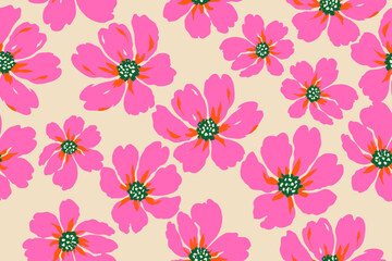 Vibrant pink floral pattern with bold orange accents and dark green centers on a beige background. Perfect for textiles, wallpapers, and cheerful design themes.