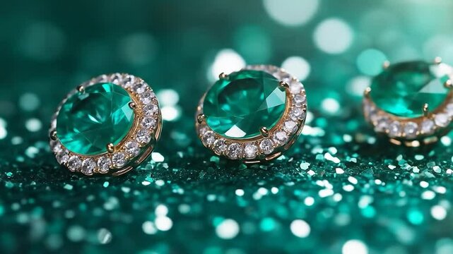 Emeralds: Captivating close-up of a trio of exquisite emerald gemstones, each encircled by a delicate halo of diamonds, reflecting vibrant hues and an opulent aesthetic.