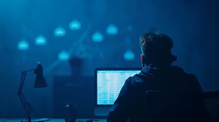 Hacker working on computer in dark room with cloud icons