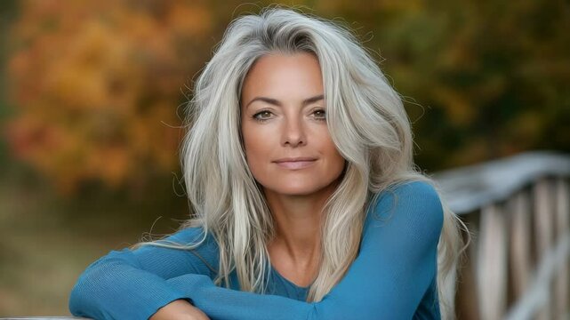 Beautiful woman with long silver hair poses naturally by a wooden railing in a vibrant autumn landscape