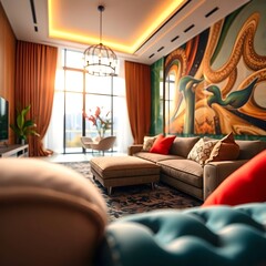 Luxurious Living Room Interior Design with Artistic Wall Mural