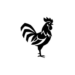 A stylized black-and-white rooster stands proudly with bold geometric feathers and angular features, creating a modern and abstract visual impact.