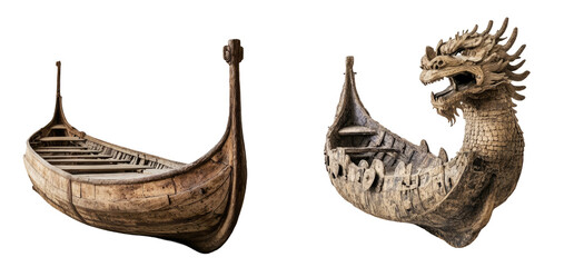 Fototapeta premium Two antique wooden boats, one plain and one with a dragon head