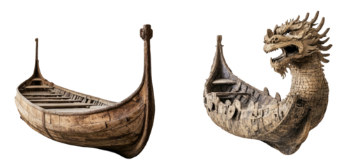 Two antique wooden boats, one plain and one with a dragon head