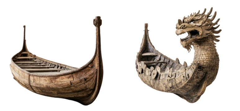 Two antique wooden boats, one plain and one with a dragon head