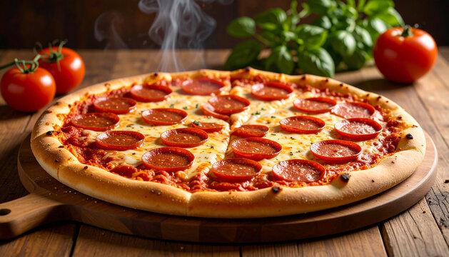 Pizza pepperoni besar dengan keju meleleh dan kerak renyah, baru keluar dari oven